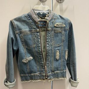 Younique Blue Denim Jacket with Rhinestone Collar